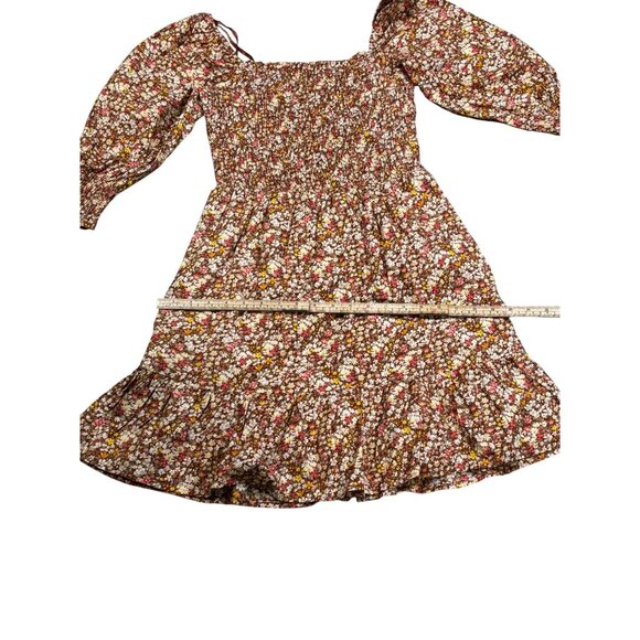Sim & Sam Taupe Ditsy Floral Smocked Square Neck Long Sleeve Dress S - Picture 6 of 8